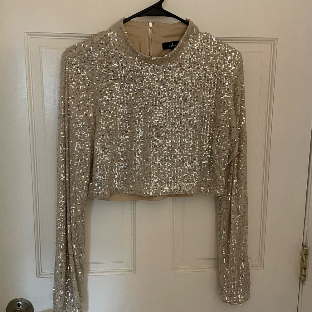 Lulu's Sequin Long Sleeve Crop Top - Silver